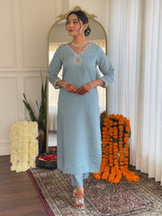 Women's Roman Silk Embroidered Straight Kurta with pant and dupatta sets
