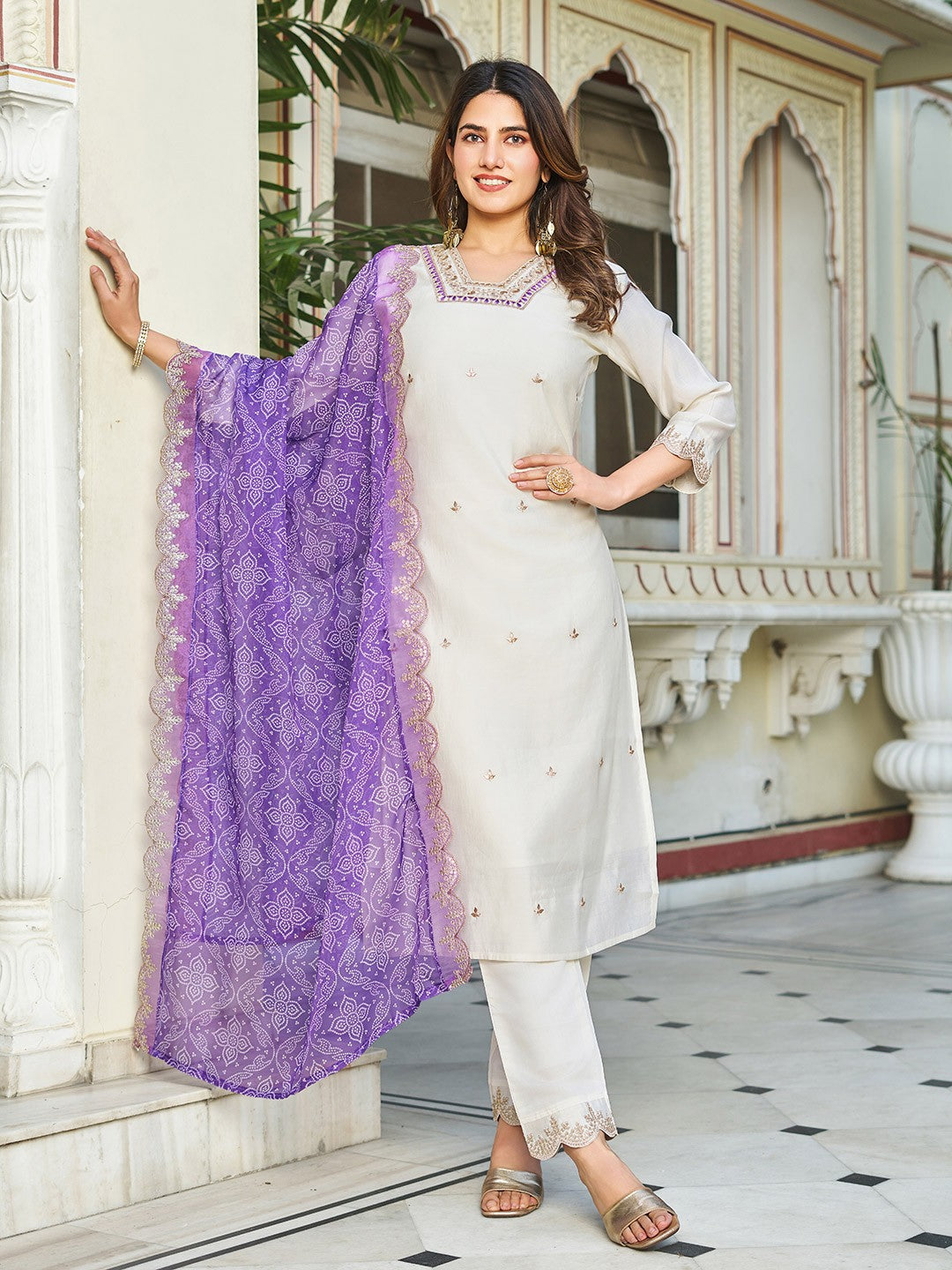 WHITE COLOURED  WOMEN'S ROMAN SILK EMBROIDERED  KURTA WITH PANT DUPATTA SET