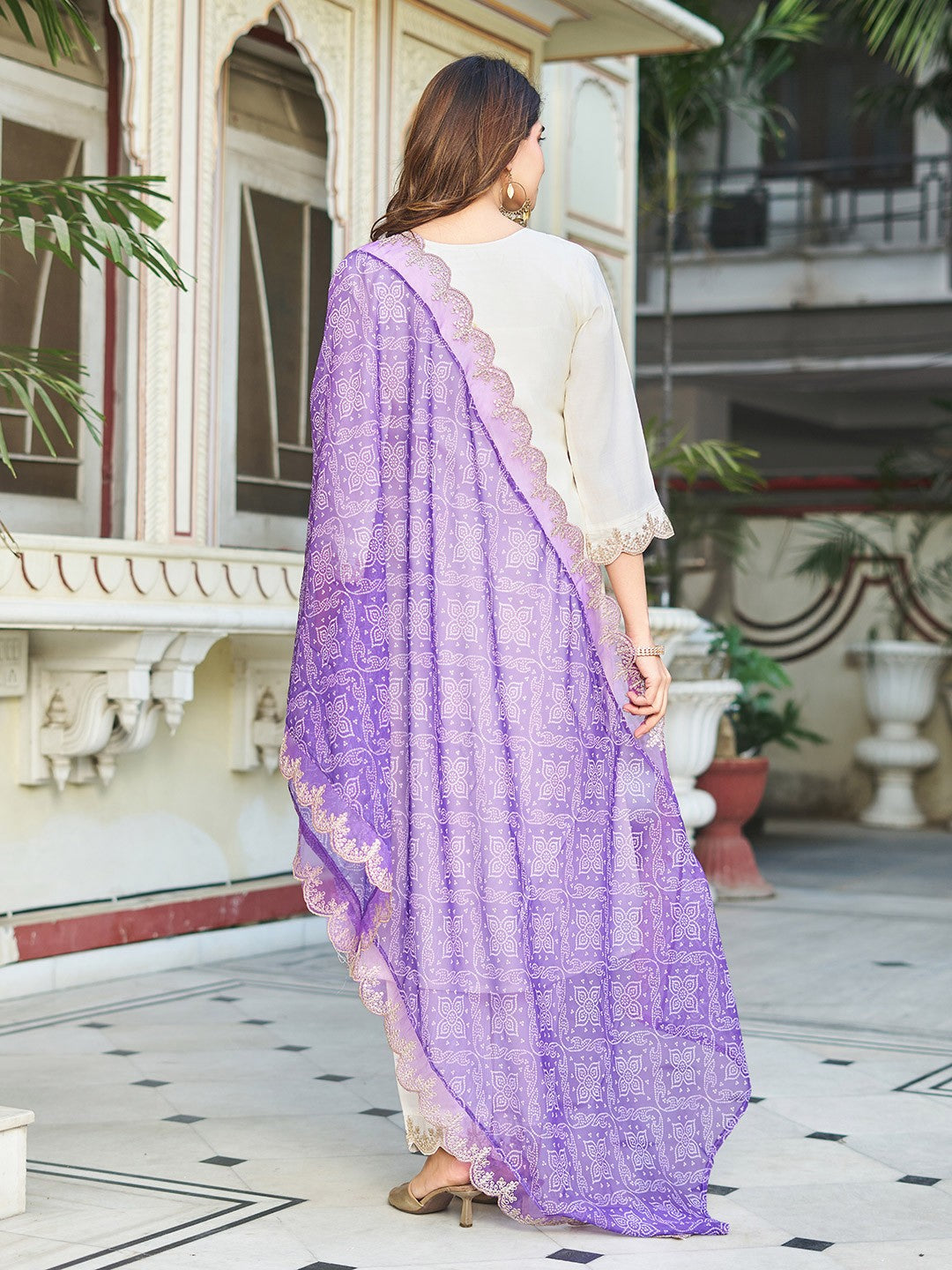 WHITE COLOURED  WOMEN'S ROMAN SILK EMBROIDERED  KURTA WITH PANT DUPATTA SET