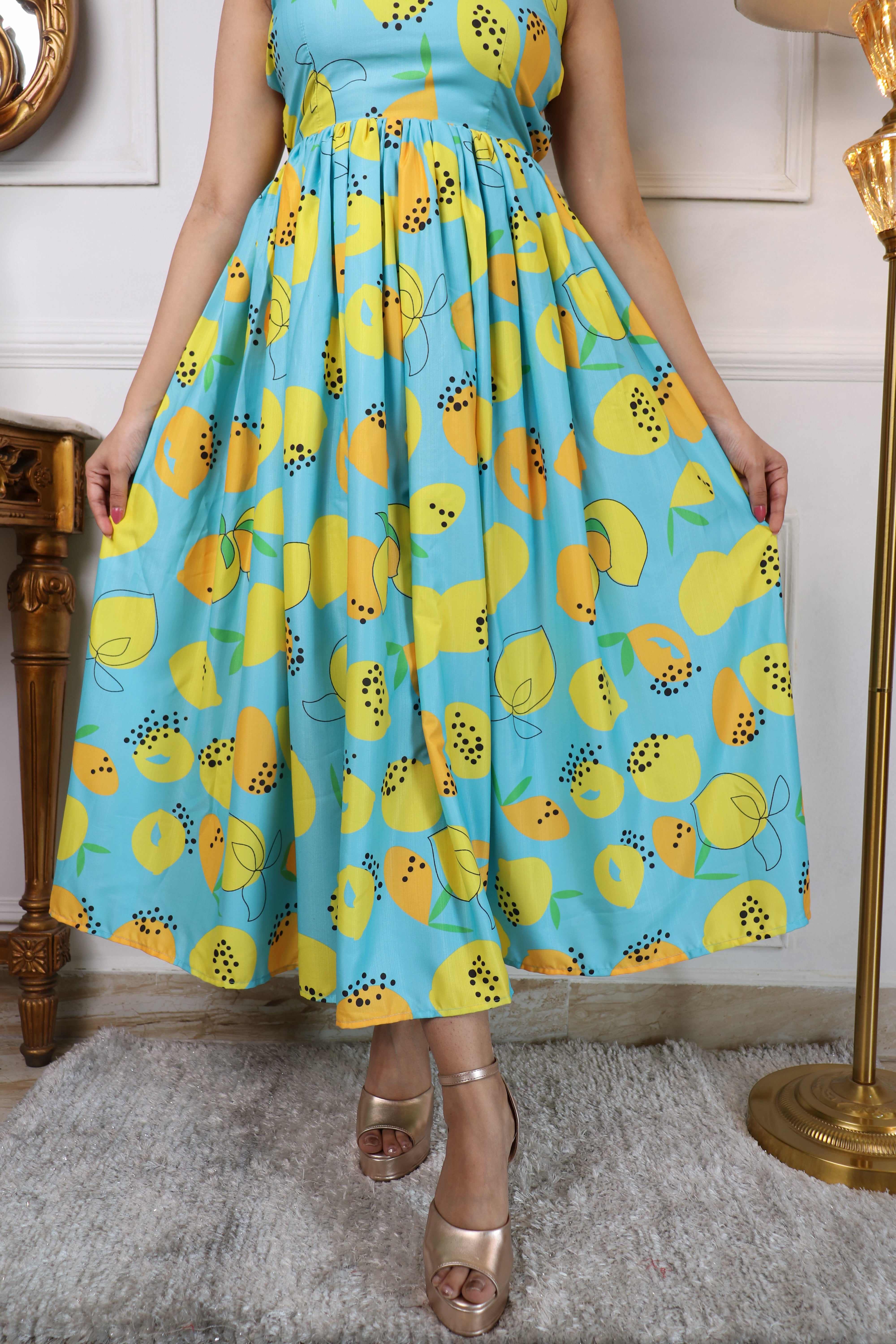 Floral Printed Halter Neck Backless Fit & Flare Midi Dress for Women | Turquoise Blue Chiffon Party & Casual Dress Malaysia