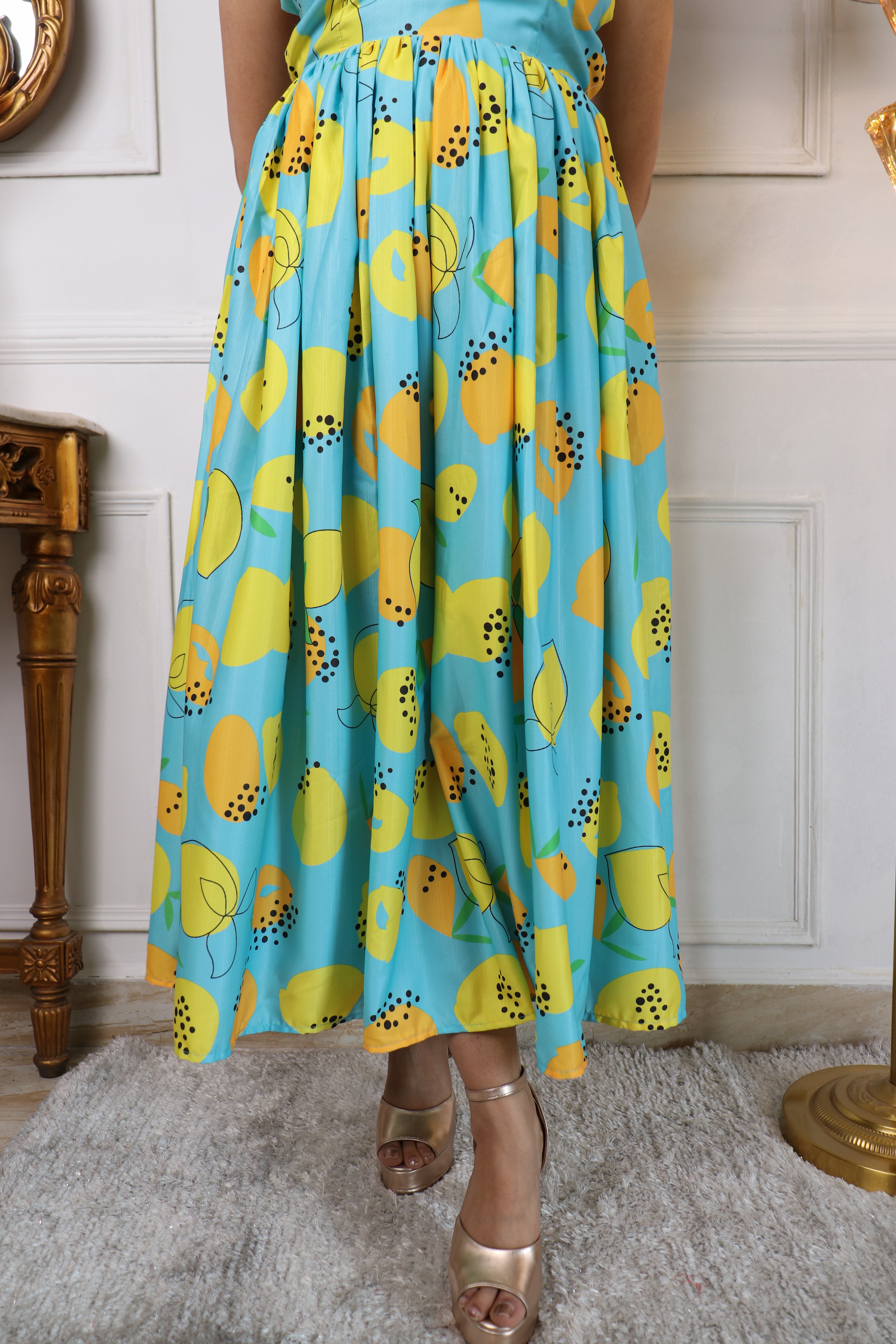 Floral Printed Halter Neck Backless Fit & Flare Midi Dress for Women | Turquoise Blue Chiffon Party & Casual Dress Malaysia