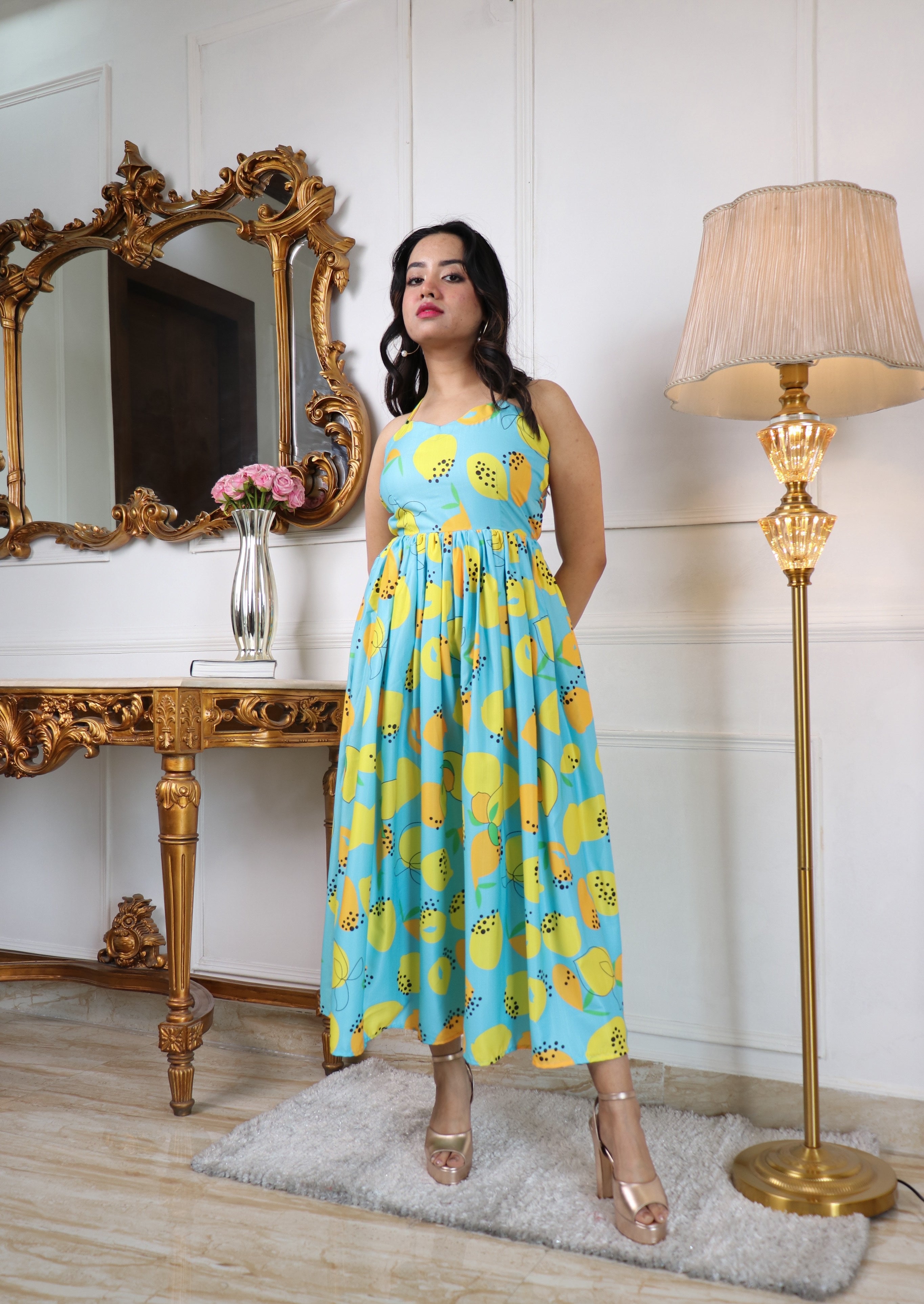 Floral Printed Halter Neck Backless Fit & Flare Midi Dress for Women | Turquoise Blue Chiffon Party & Casual Dress Malaysia