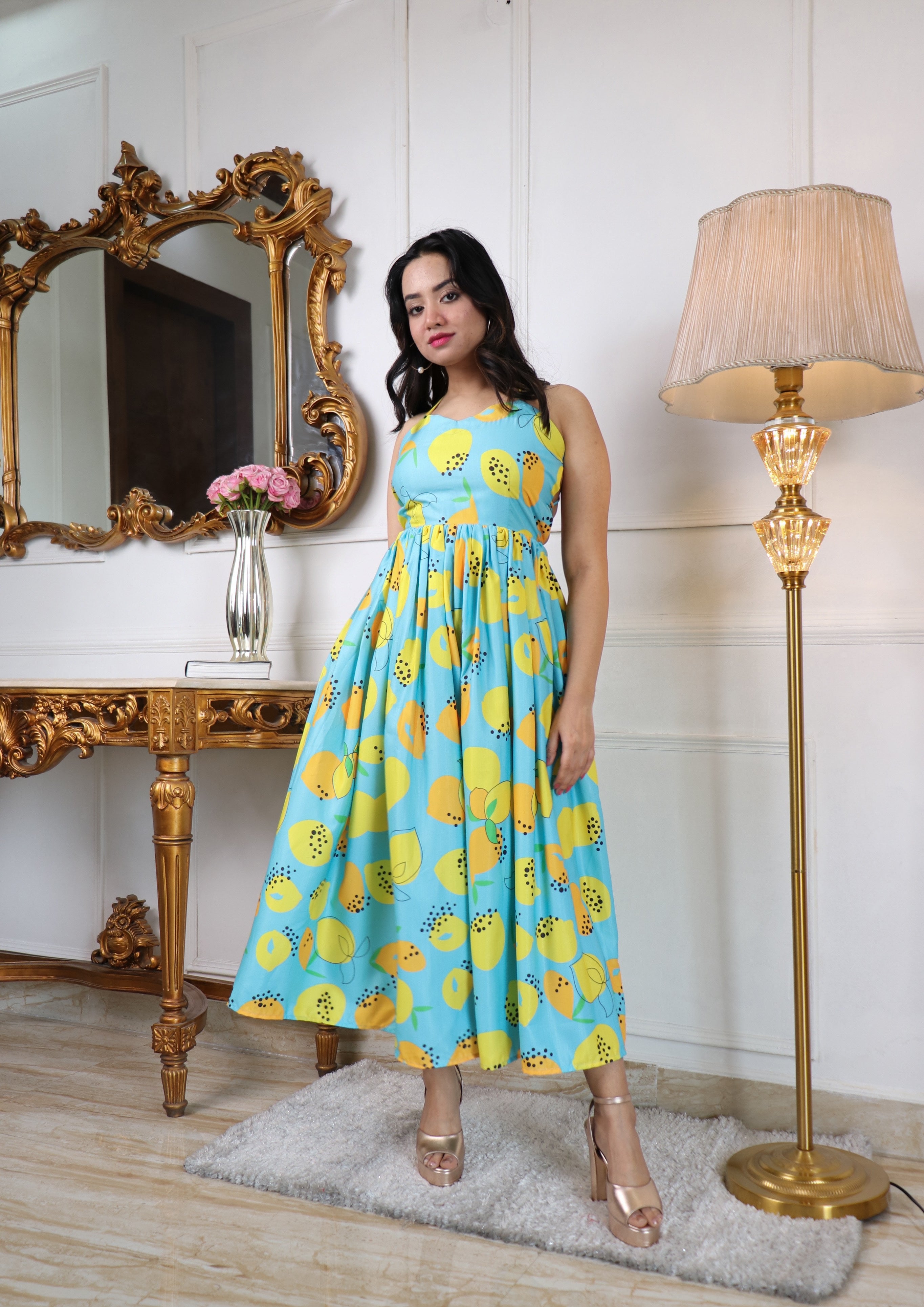Floral Printed Halter Neck Backless Fit & Flare Midi Dress for Women | Turquoise Blue Chiffon Party & Casual Dress Malaysia