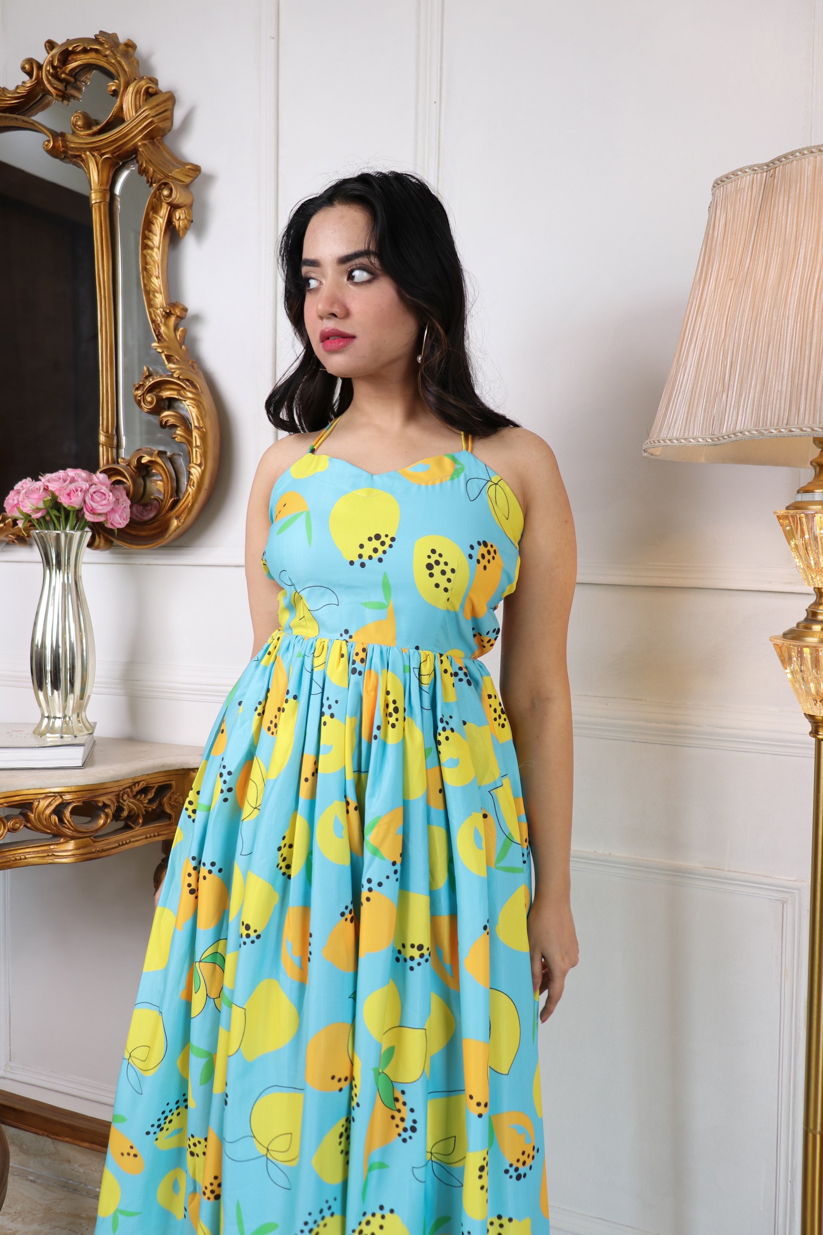 Floral Printed Halter Neck Backless Fit & Flare Midi Dress for Women | Turquoise Blue Chiffon Party & Casual Dress Malaysia
