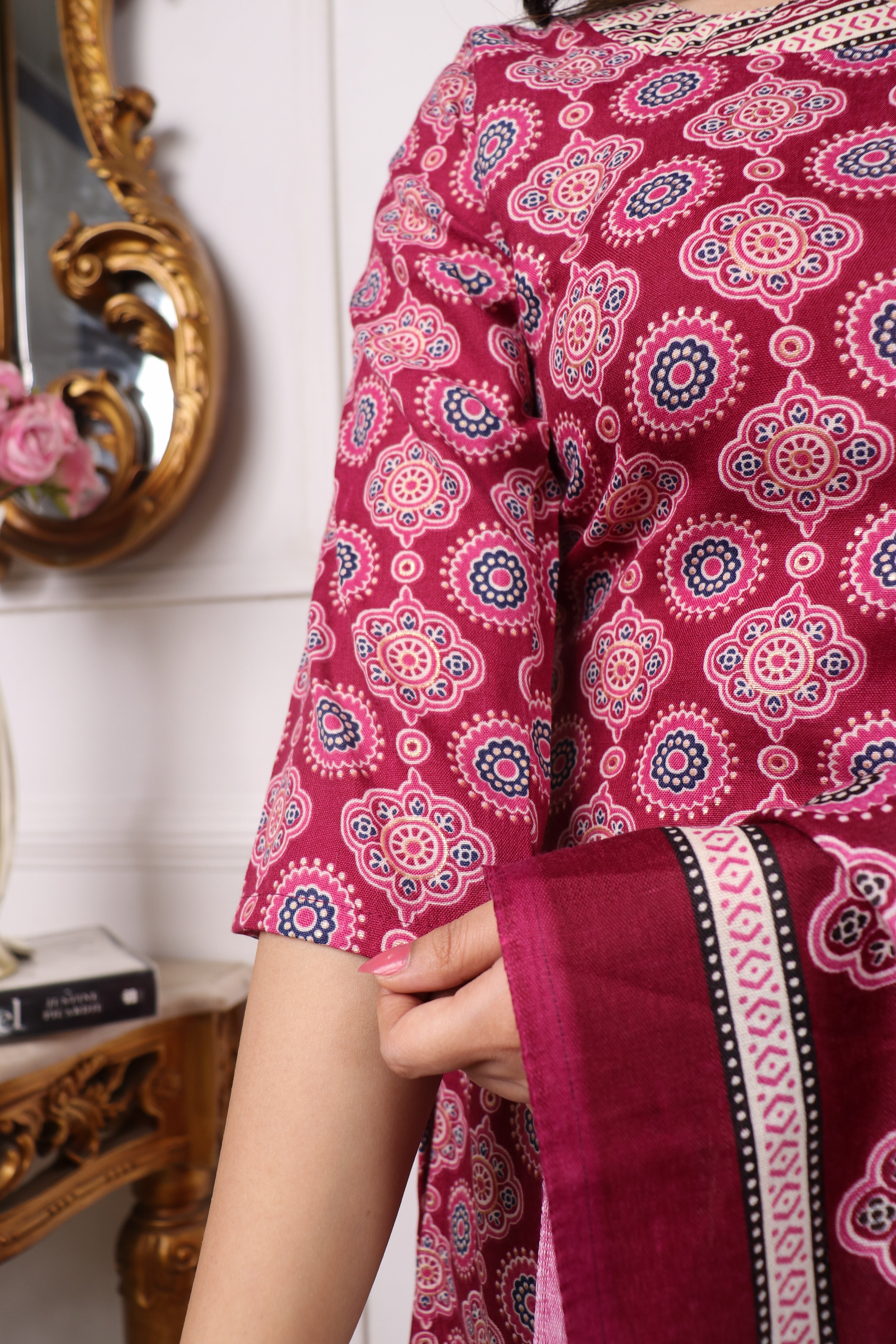 Printed Slub Cotton Kurta Set with Trousers & Dupatta | Women’s Festive & Casual Wear Malaysia