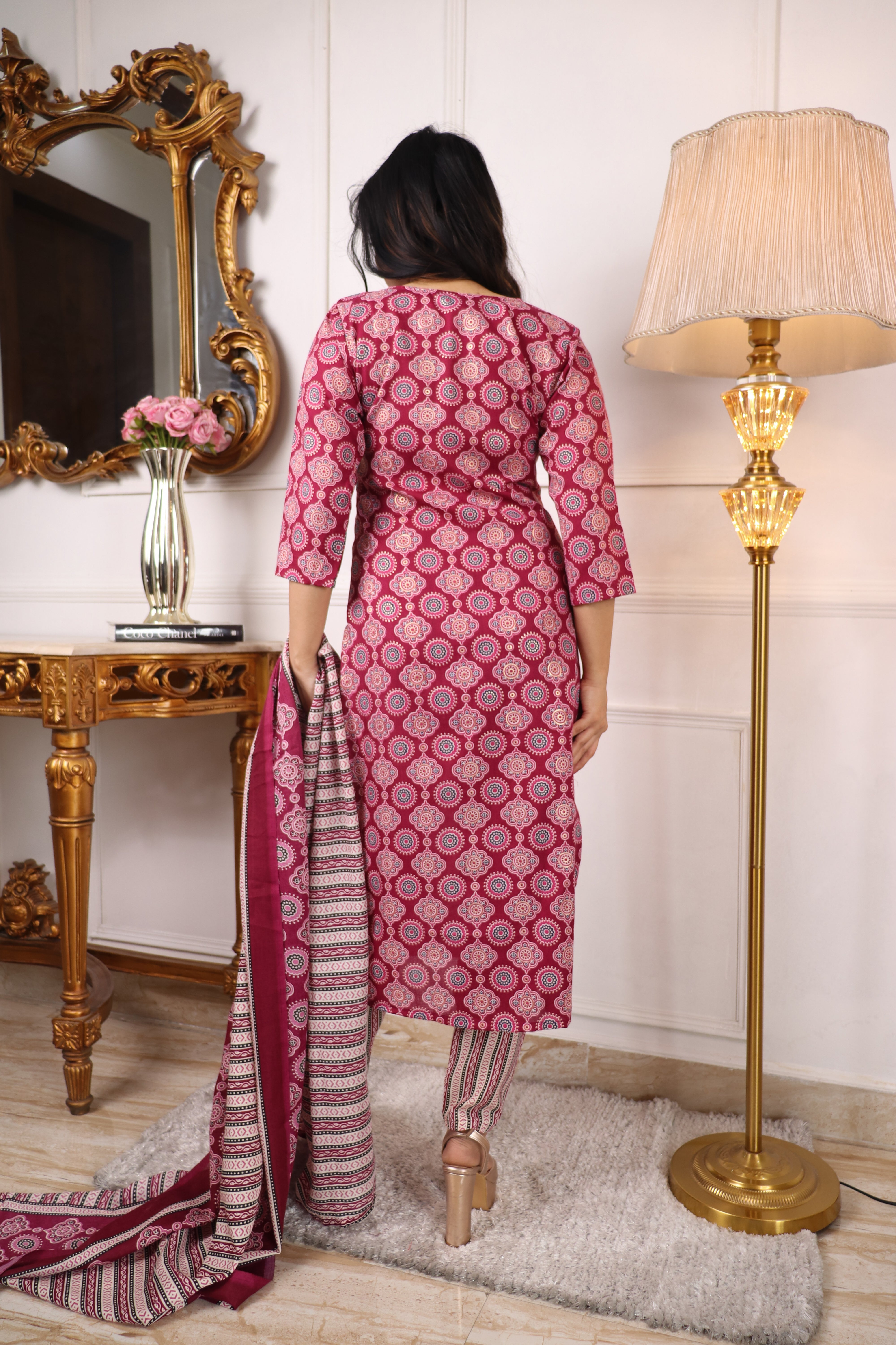 Printed Slub Cotton Kurta Set with Trousers & Dupatta | Women’s Festive & Casual Wear Malaysia