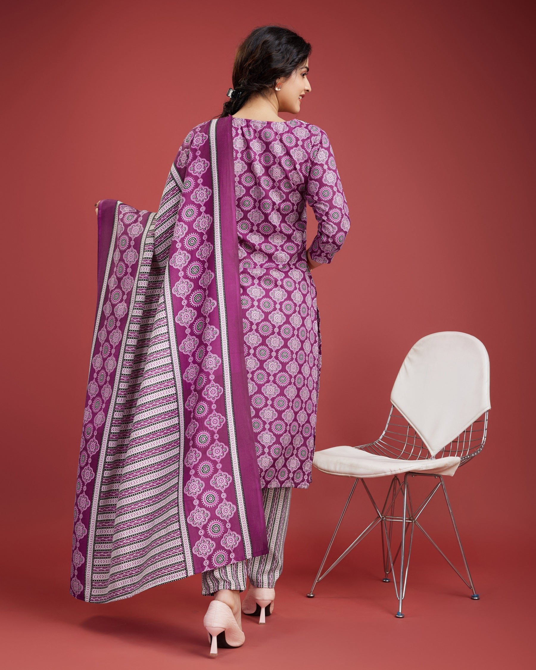 Printed Slub Cotton Kurta Set with Trousers & Dupatta | Women’s Festive & Casual Wear Malaysia