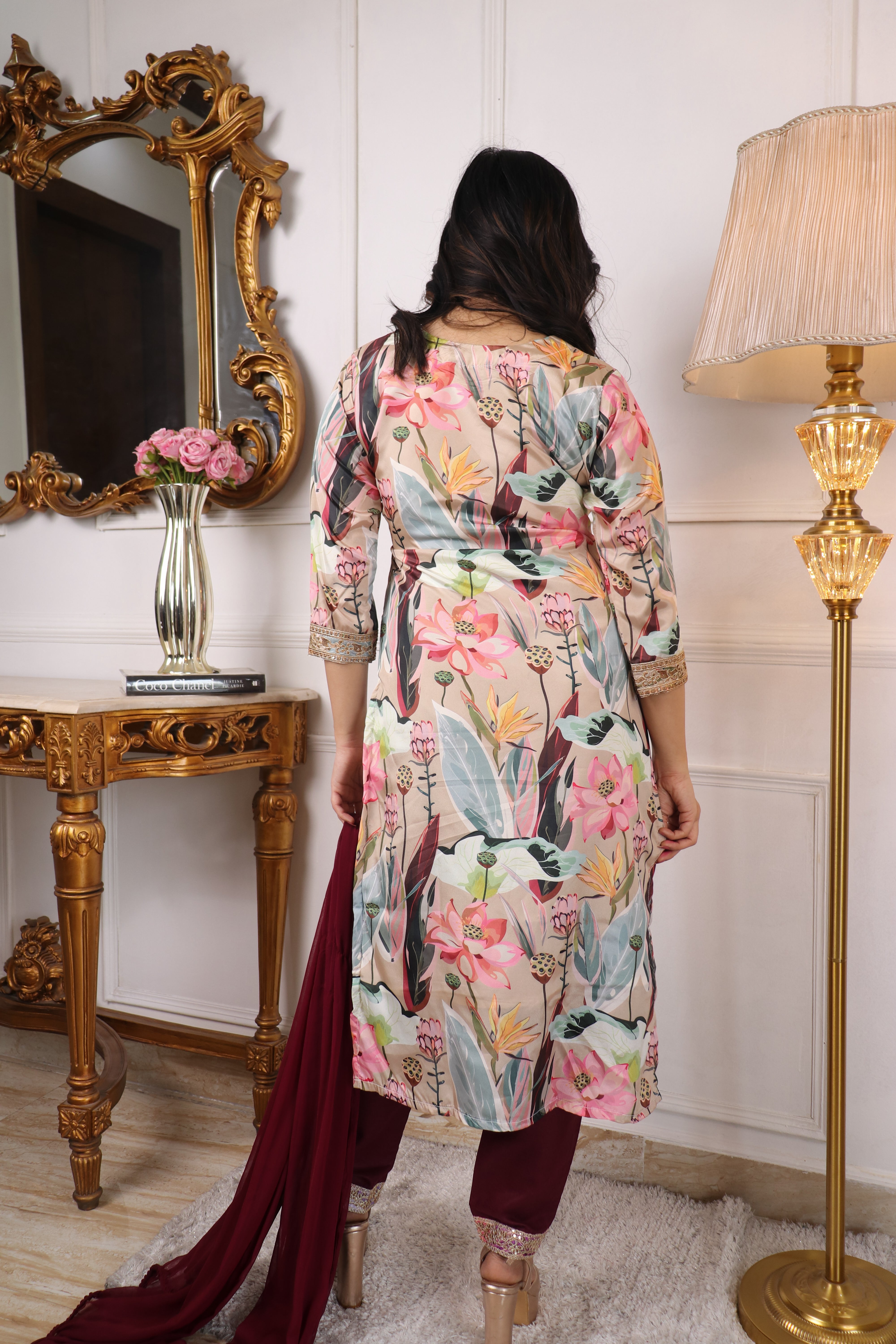 Digital Printed Embroidered Organza Kurta with Trouser & Dupatta | Women’s Stitched 3-Piece Ethnic Set Malaysia | Festive & Party Wear