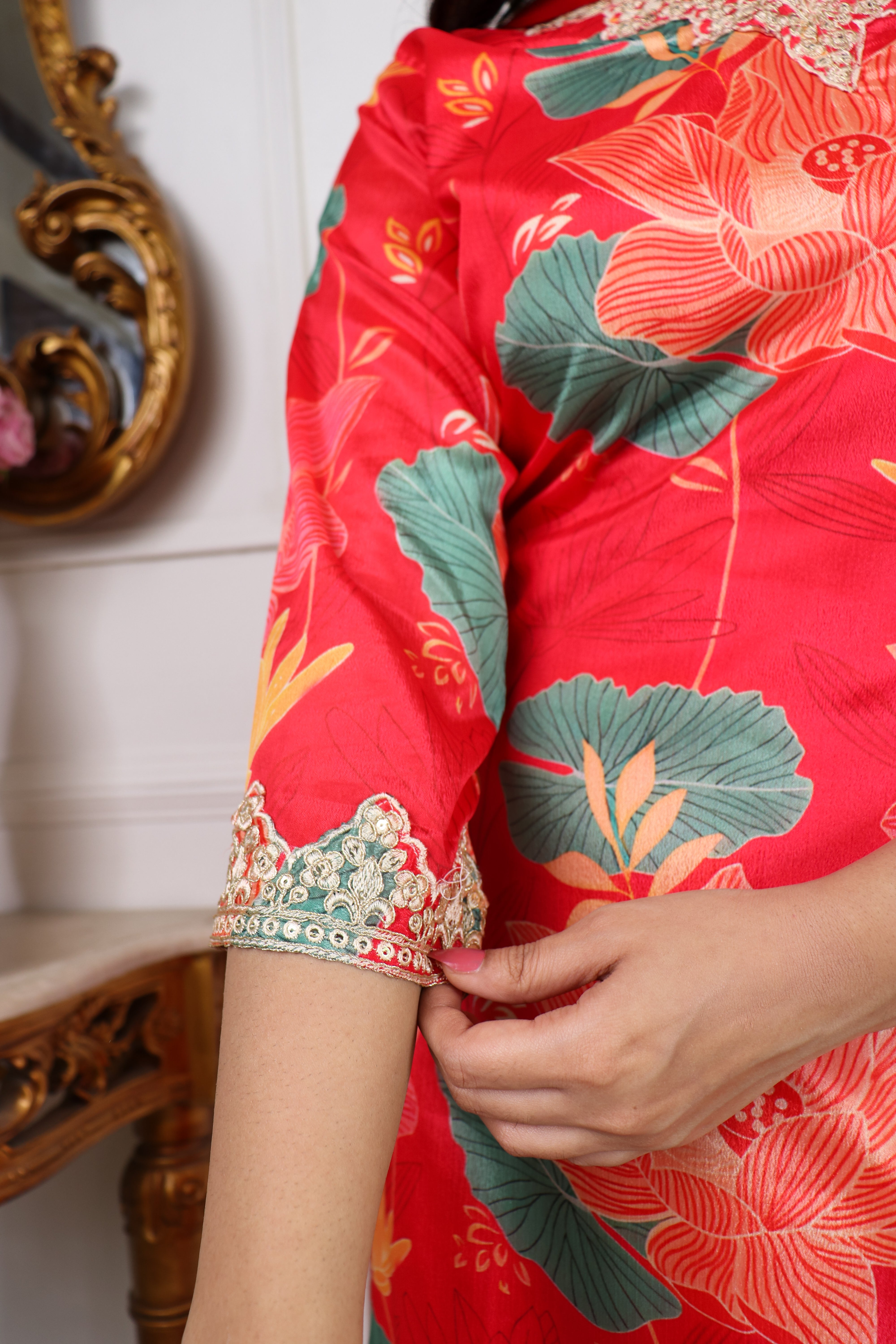 Digital Printed Embroidered Chanderi Silk Kurta with Trouser & Dupatta | Women’s Ethnic 3-Piece Set Malaysia | Festive & Wedding Wear