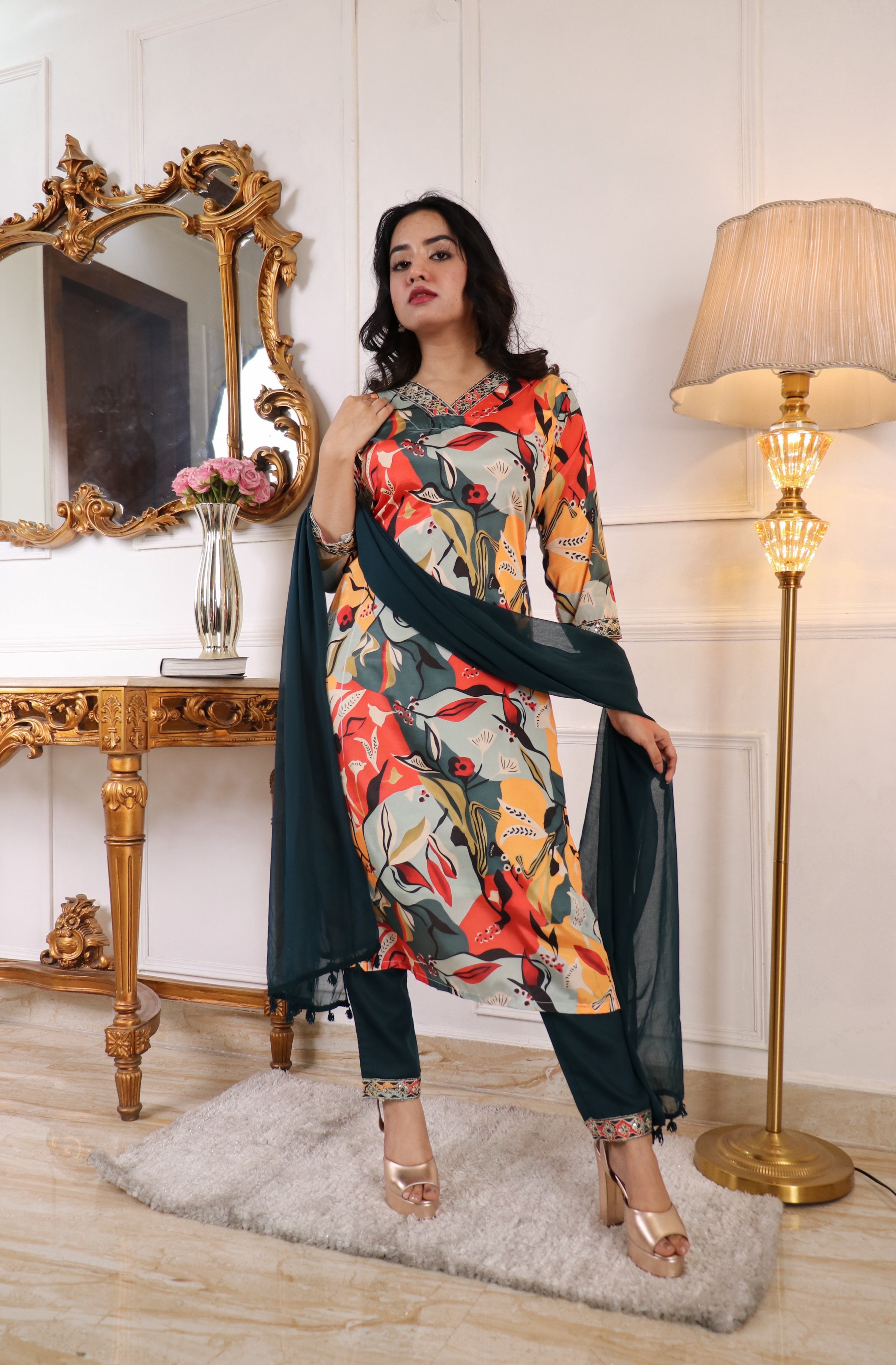 ✨ Premium Muslin Printed Embroidered Kurta Set with Trouser & Nazbin Crape Dupatta ✨