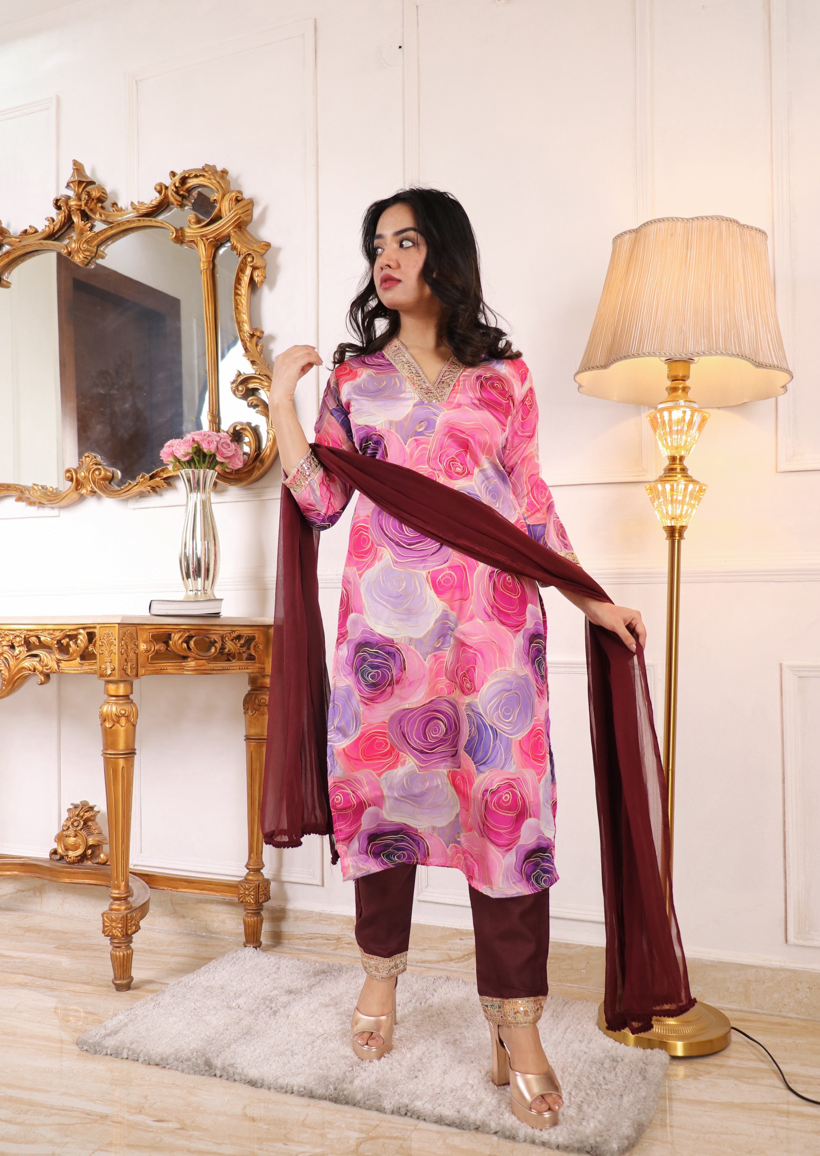 ✨ Premium Muslin Chanderi Kurta Set with Printed & Embroidered Design | Party Wear Kurti with Trouser & Dupatta | Festive & Wedding Collection Malaysia ✨