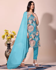 Premium Tabby Organza Floral Printed Embroidered Kurta Set with Chanderi Trouser & Nazbin Dupatta | Festive & Party Wear Suit for Women Malaysia
