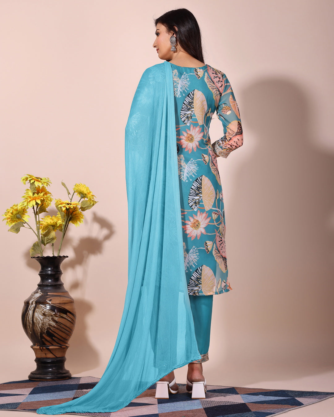 Premium Tabby Organza Floral Printed Embroidered Kurta Set with Chanderi Trouser & Nazbin Dupatta | Festive & Party Wear Suit for Women Malaysia