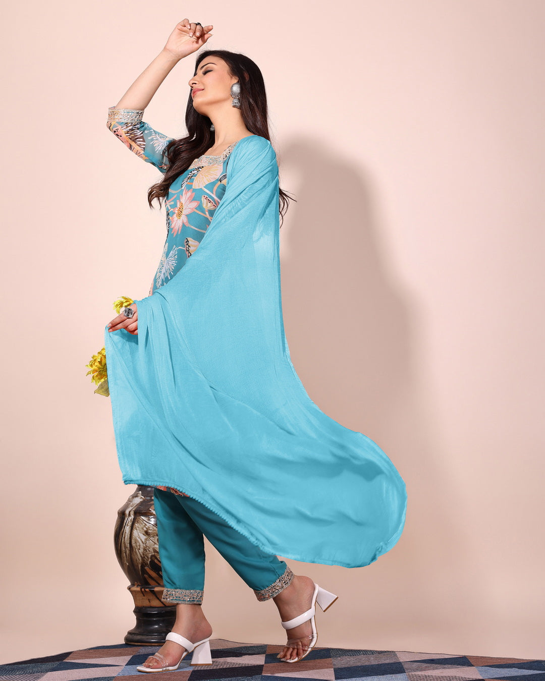 Premium Tabby Organza Floral Printed Embroidered Kurta Set with Chanderi Trouser & Nazbin Dupatta | Festive & Party Wear Suit for Women Malaysia