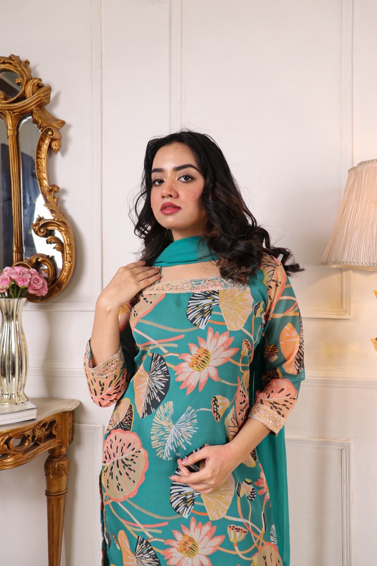 Premium Tabby Organza Floral Printed Embroidered Kurta Set with Chanderi Trouser & Nazbin Dupatta | Festive & Party Wear Suit for Women Malaysia