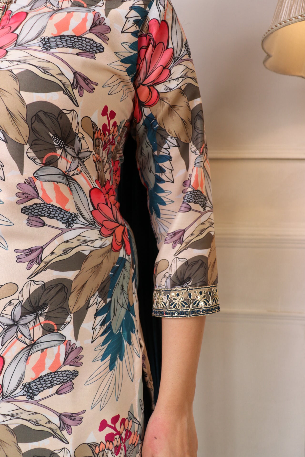 Designer Muslin Printed Embroidered Kurta Set with Chanderi Trouser & Nazbin Dupatta | Premium Party & Festive Wear Suit Malaysia