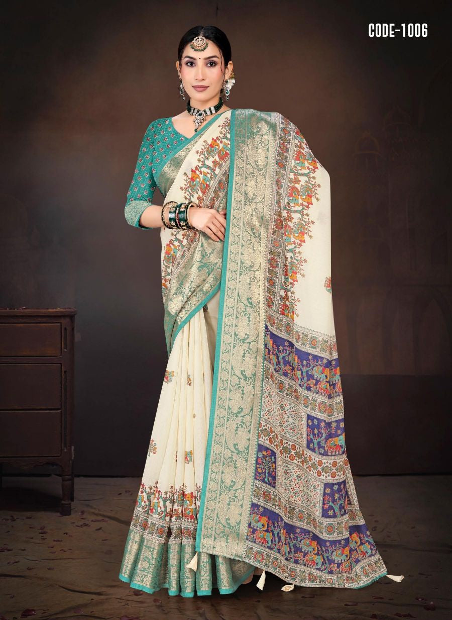 Tradional Madhubani print Cotton saree with blouse for indian women