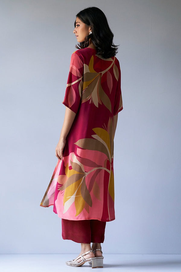 Maroon Crepe Silk Printed Co-ord Set for Women | Loose Fit Top &amp; Bottom | Party &amp; Casual Wear Malaysia