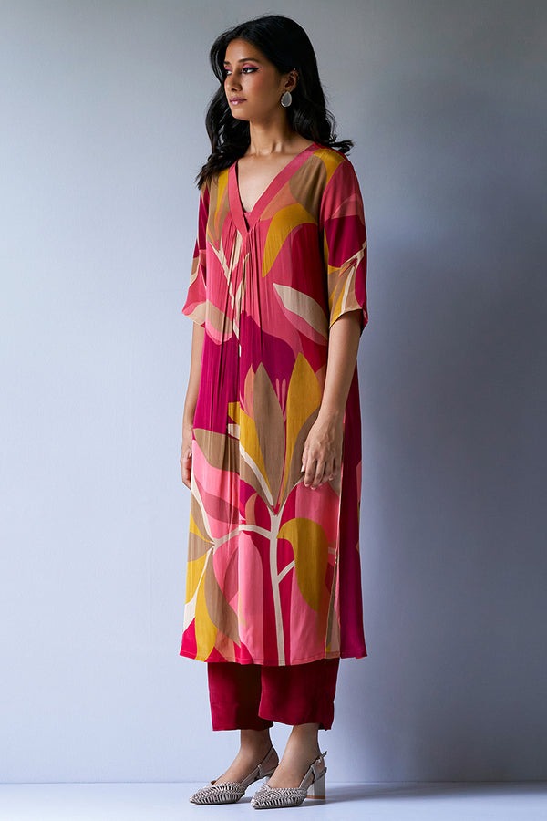 Maroon Crepe Silk Printed Co-ord Set for Women | Loose Fit Top &amp; Bottom | Party &amp; Casual Wear Malaysia