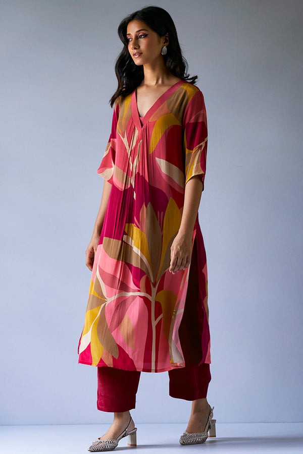 Maroon Crepe Silk Printed Co-ord Set for Women | Loose Fit Top &amp; Bottom | Party &amp; Casual Wear Malaysia