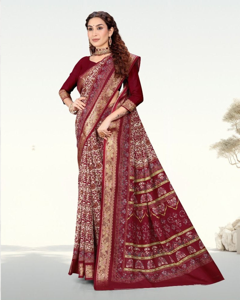 Botanical Print Jacquard border Cotton saree with blouse for women