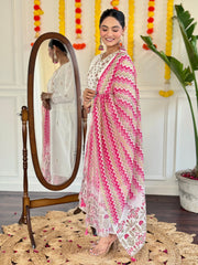 WHITE  COLOURED Women Embroidered Chanderi Kurta set