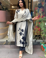 WHITE  COLOURED Women Embroidered Chanderi Kurta set