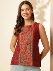 ouk Women’s Maroon Printed Sleeveless Cotton Silk Top – Stylish Boat Neck Casual Wear | Summer Fashion Malaysia 2025 (C18)