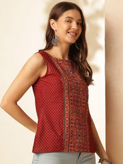 ouk Women’s Maroon Printed Sleeveless Cotton Silk Top – Stylish Boat Neck Casual Wear | Summer Fashion Malaysia 2025 (C18)