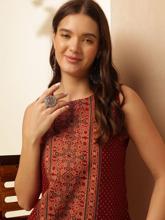 ouk Women’s Maroon Printed Sleeveless Cotton Silk Top – Stylish Boat Neck Casual Wear | Summer Fashion Malaysia 2025 (C18)