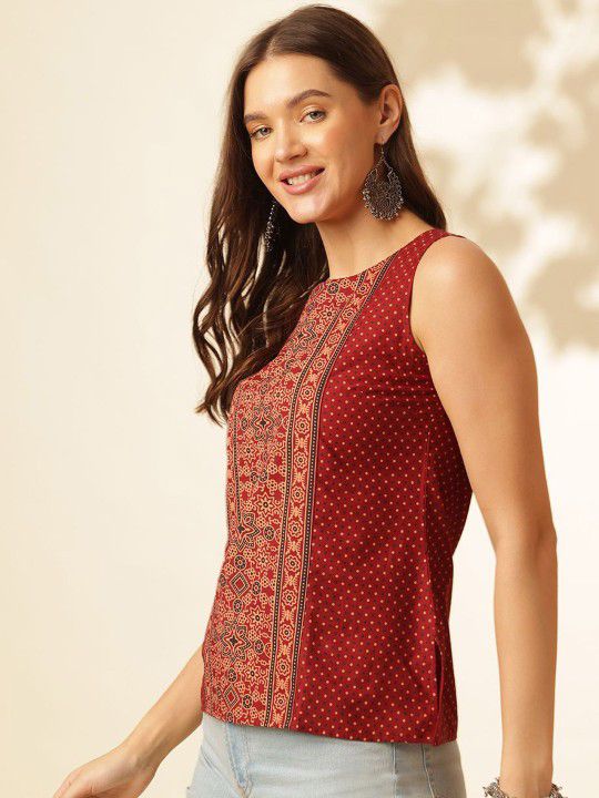 ouk Women’s Maroon Printed Sleeveless Cotton Silk Top – Stylish Boat Neck Casual Wear | Summer Fashion Malaysia 2025 (C18)