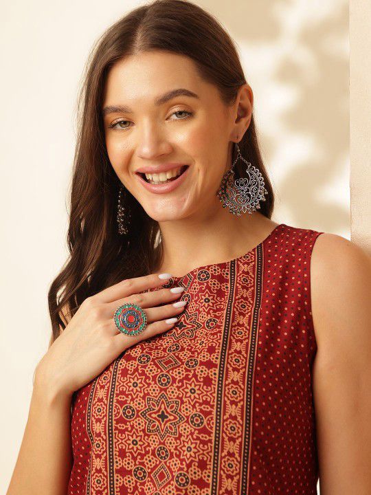 ouk Women’s Maroon Printed Sleeveless Cotton Silk Top – Stylish Boat Neck Casual Wear | Summer Fashion Malaysia 2025 (C18)