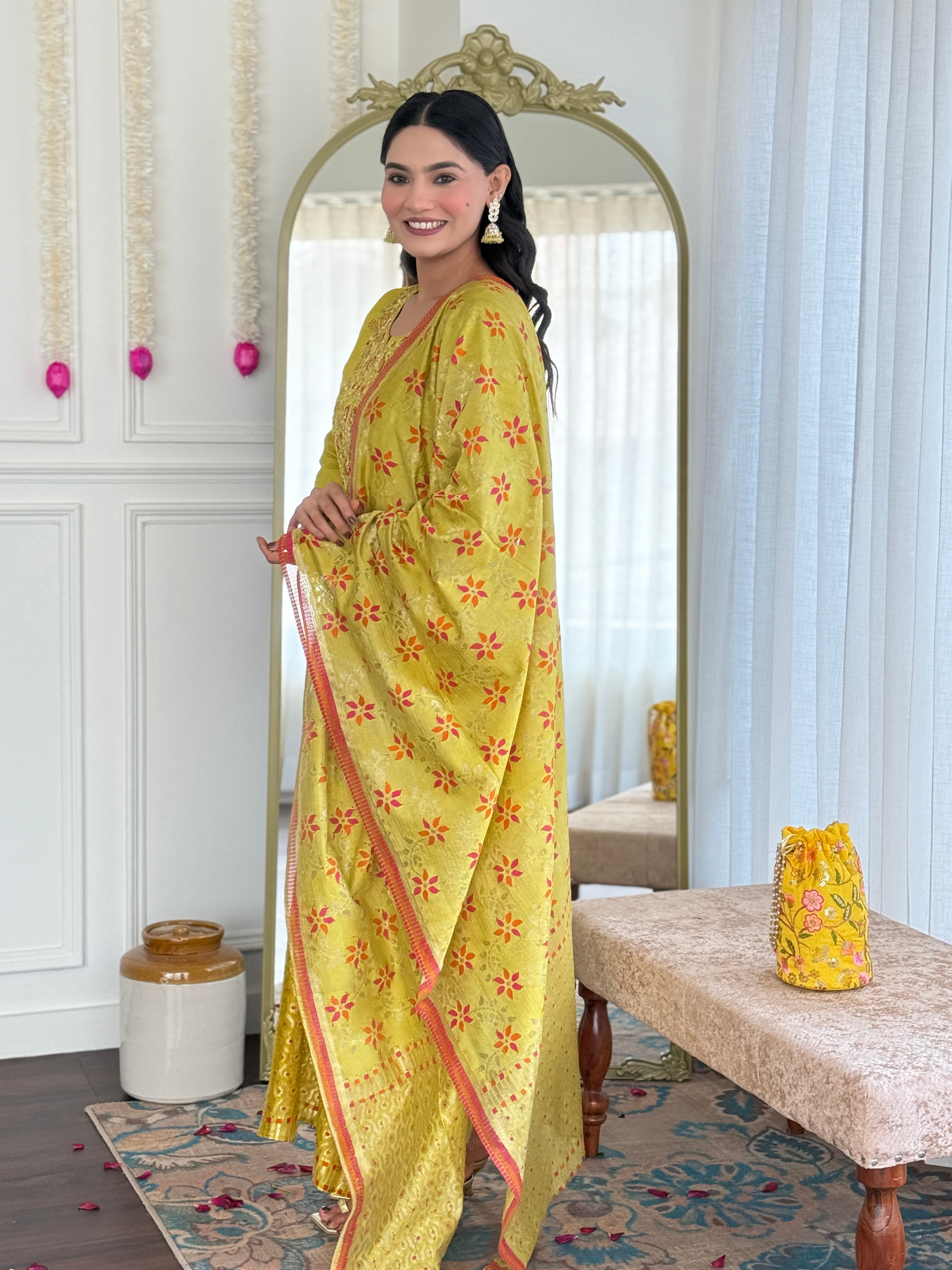 YELLOW  COLOURED WOMEN VISCOSE CHANDERI KURTA SET