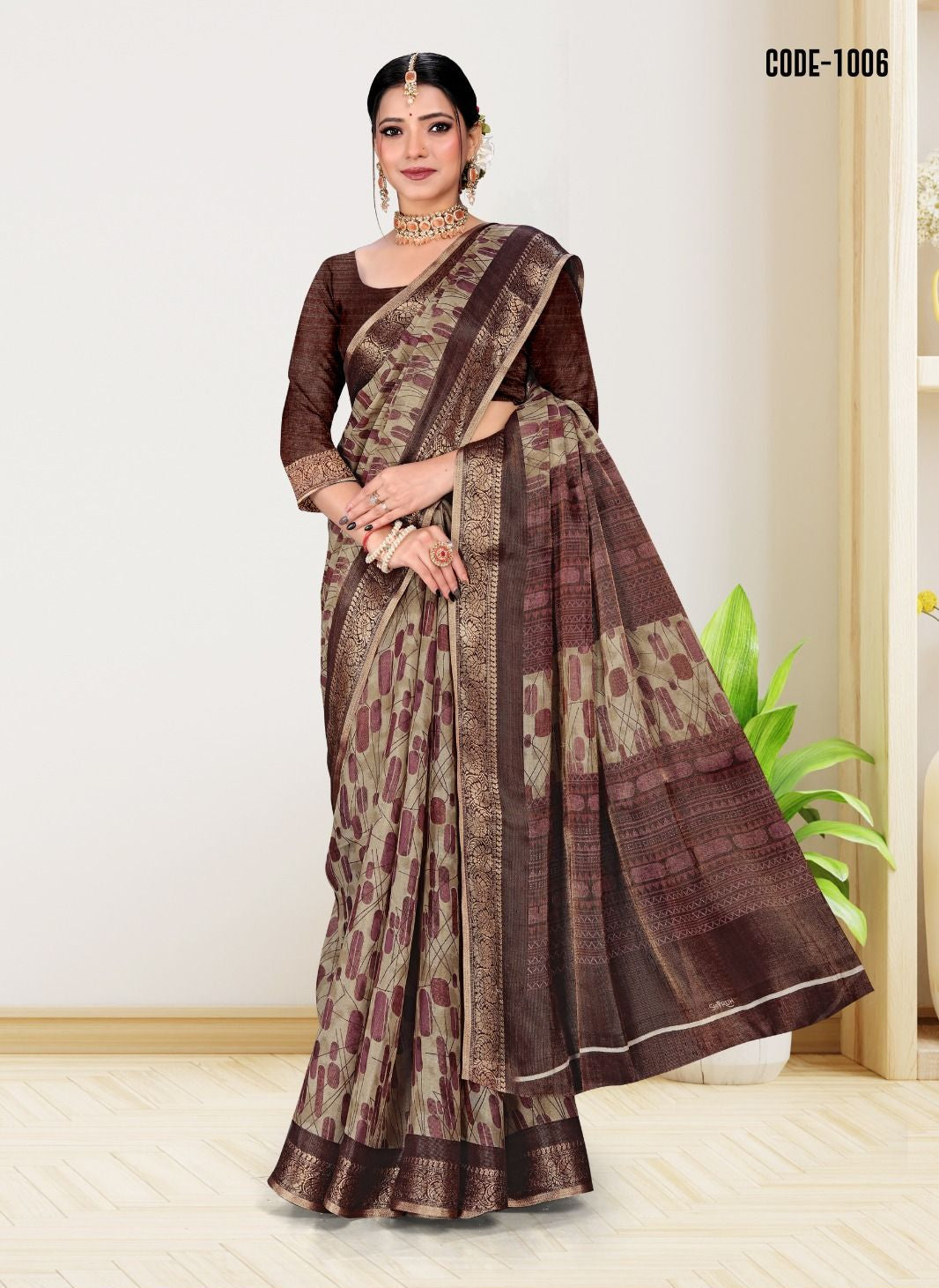 Weaving zari Jacquard border Cotton saree with blouse for women
