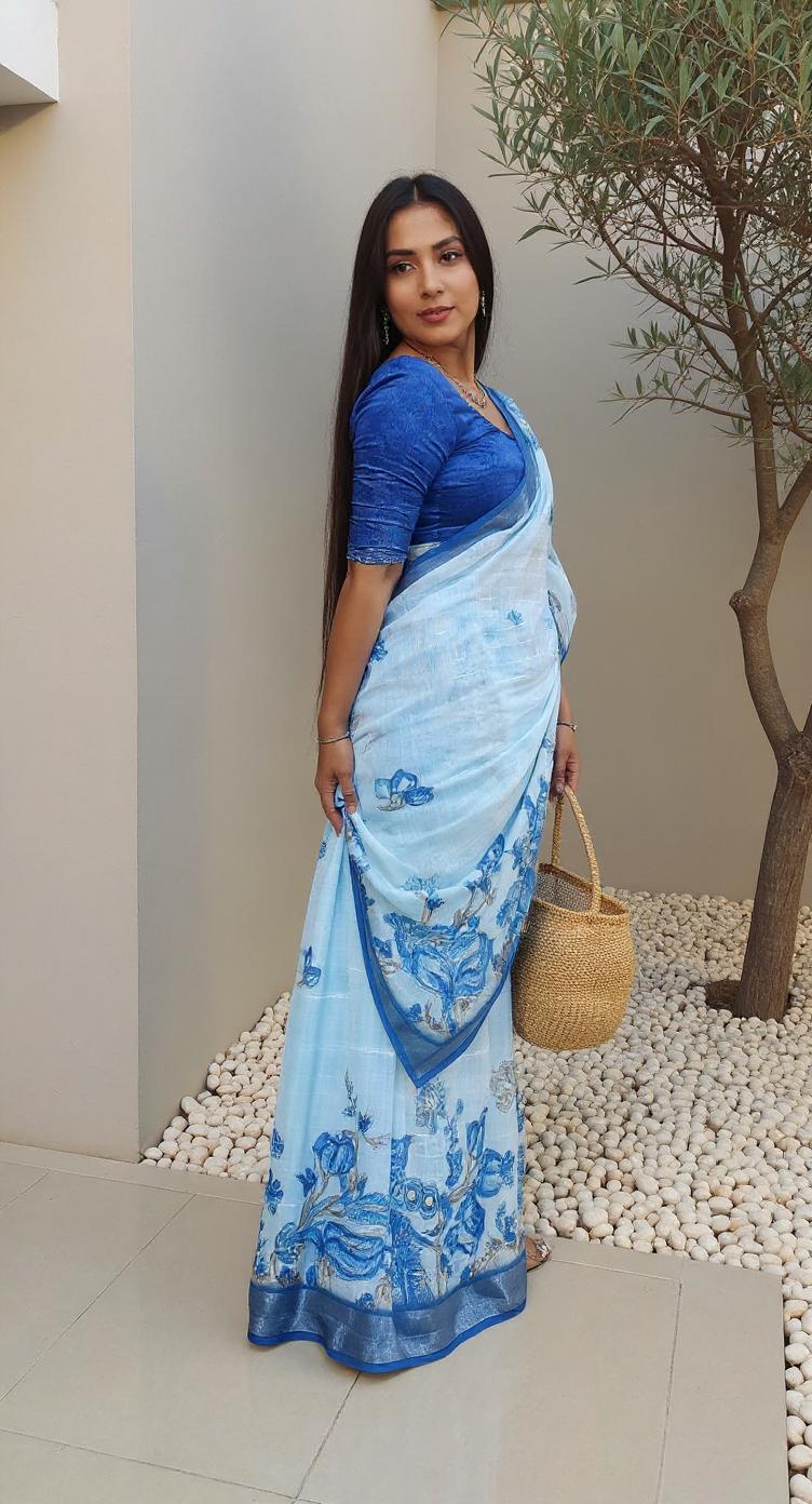 Digital Printed Cotton Saree with Blouse Piece | Lightweight Party Wear Saree | Ready to Ship – Malaysia Online Shopping