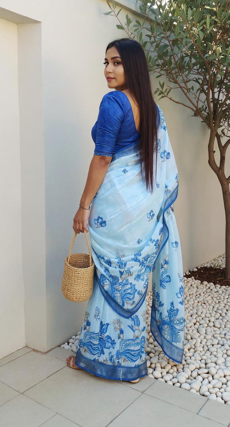 Digital Printed Cotton Saree with Blouse Piece | Lightweight Party Wear Saree | Ready to Ship – Malaysia Online Shopping