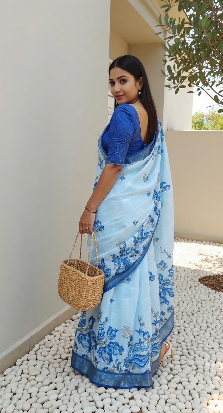 Digital Printed Cotton Saree with Blouse Piece | Lightweight Party Wear Saree | Ready to Ship – Malaysia Online Shopping