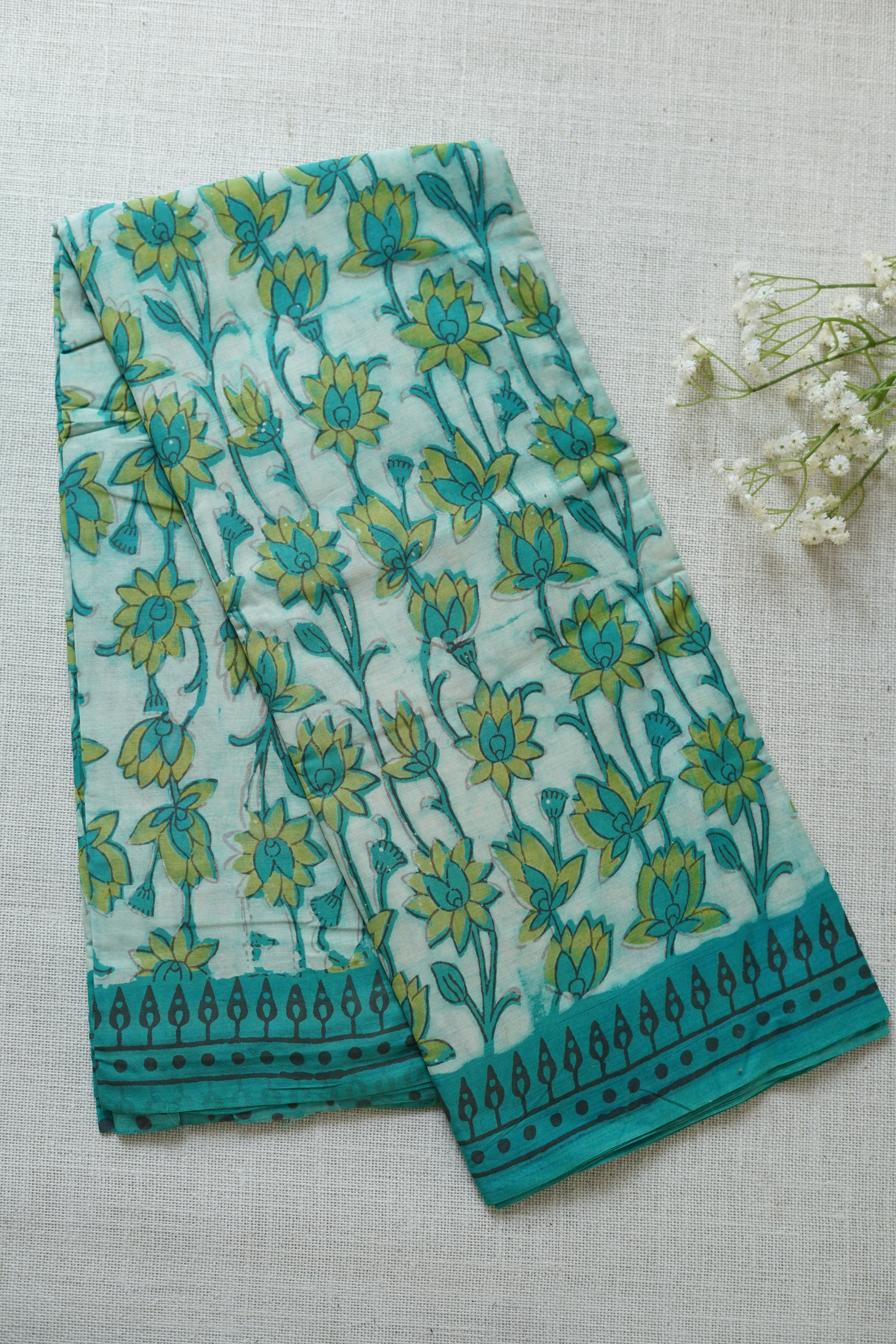 Floral Print Aqua Blue Handloom Chettinad Cotton Saree