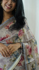 Grey floral Chanderi Saree with blouse