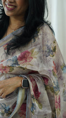 Grey floral Chanderi Saree with blouse