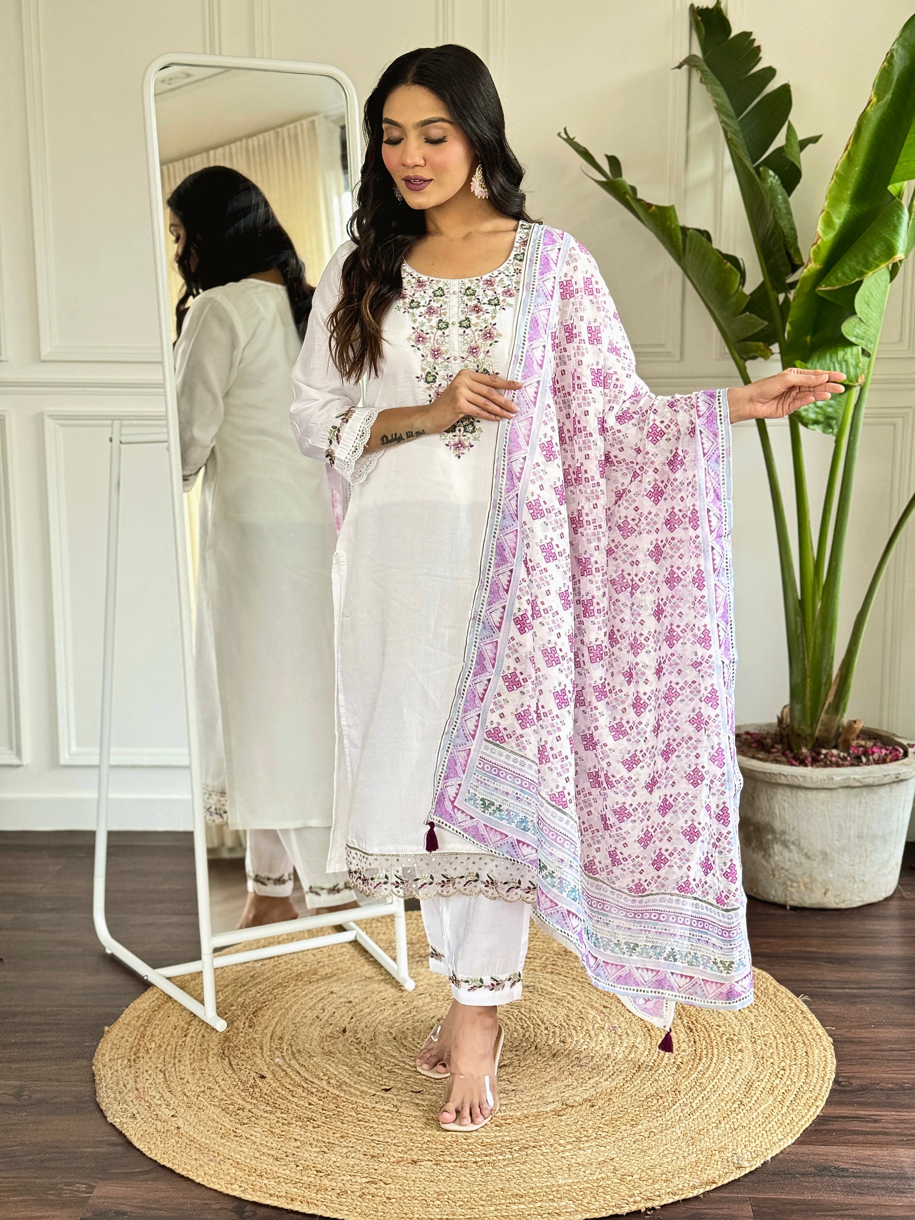 WHITE COLOURED WOMEN  EMBROIDERY WORK KURTA SET