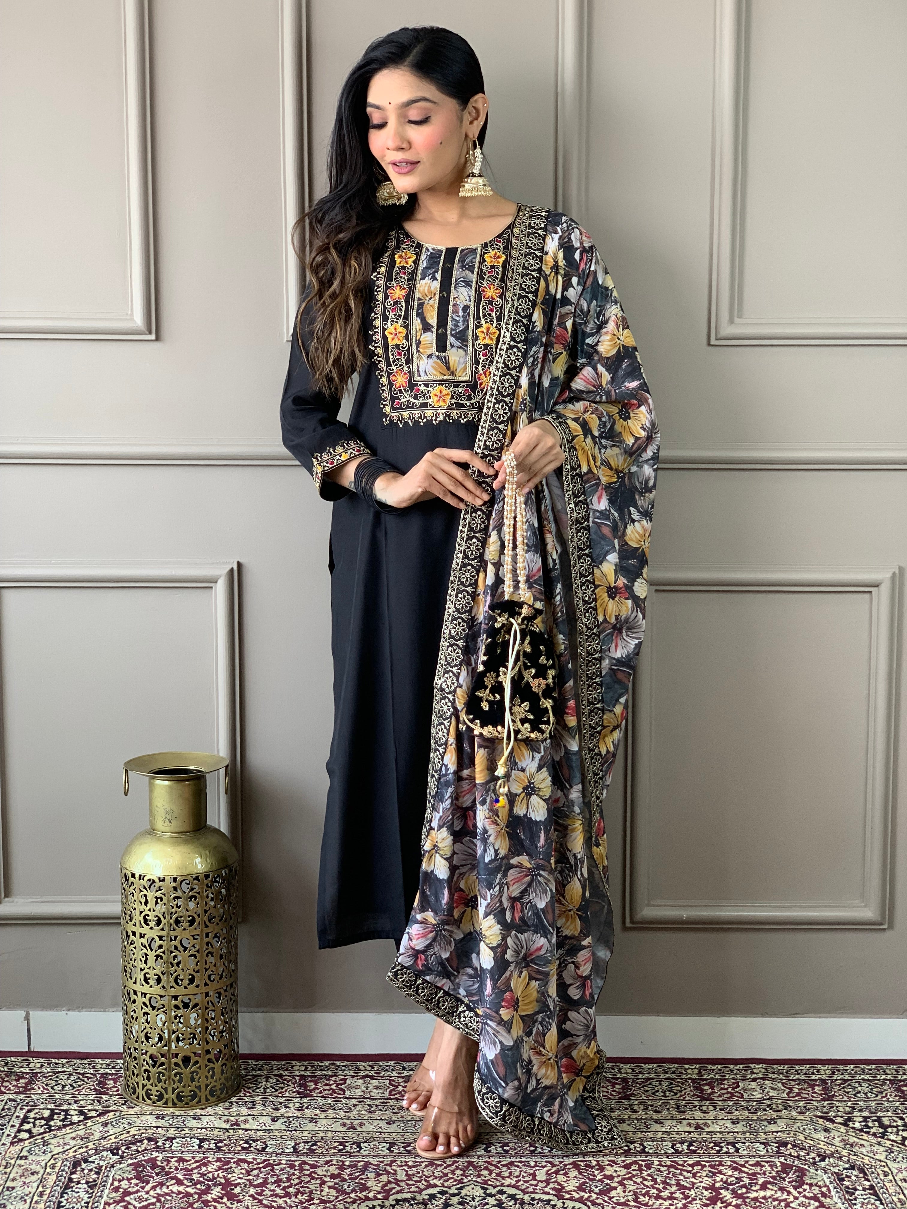 HAZEL BLACK COLOURED VISCOSE   RAYON  KURTA SET
