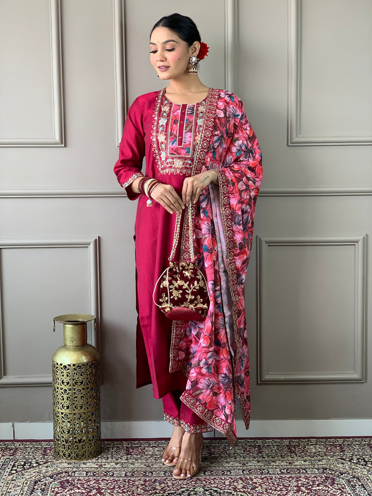 HAZEL MAROON   COLOURED VISCOSE CHANDERI  RAYON  KURTA SET
