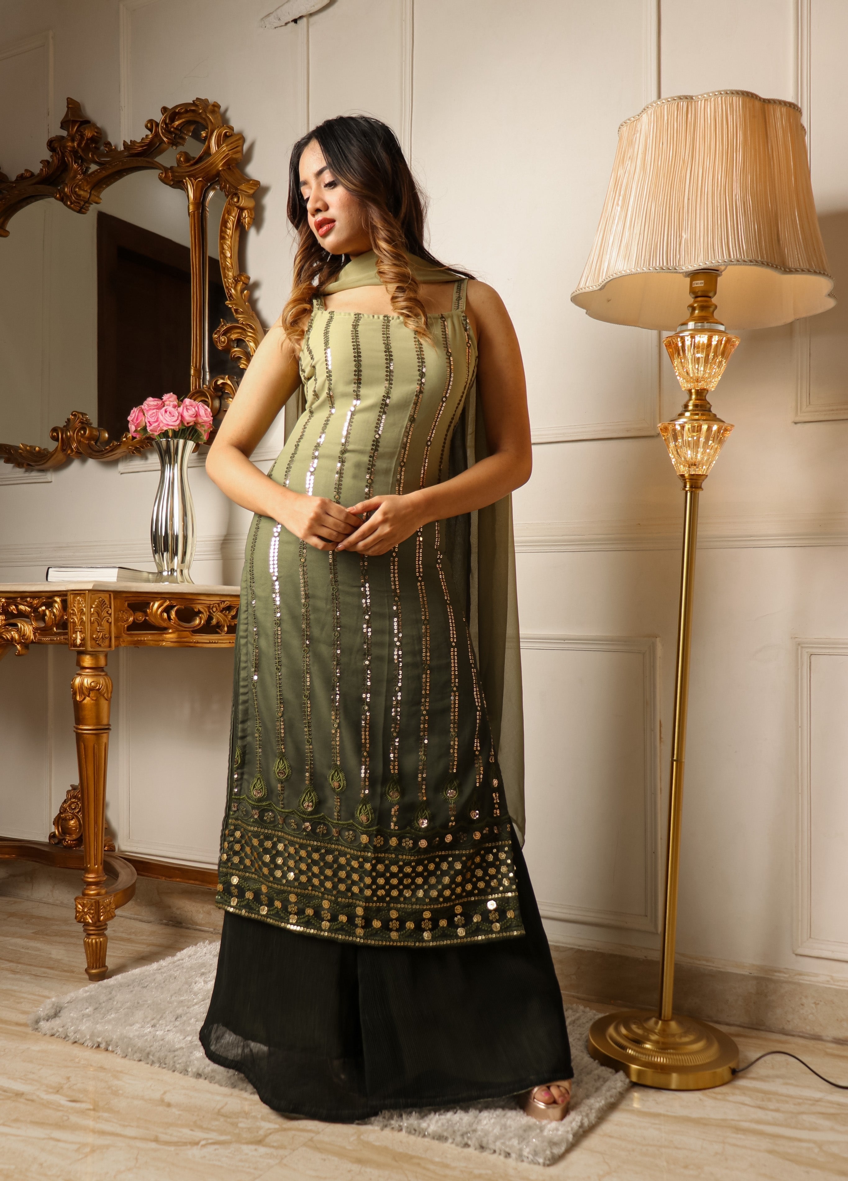 Green Sequins Embroidered Georgette Palazzo Suit