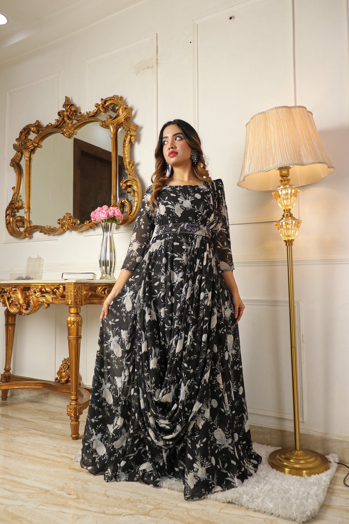 BLACK ETHNIC MOTIFS GEORGETTE MAXI DRESS