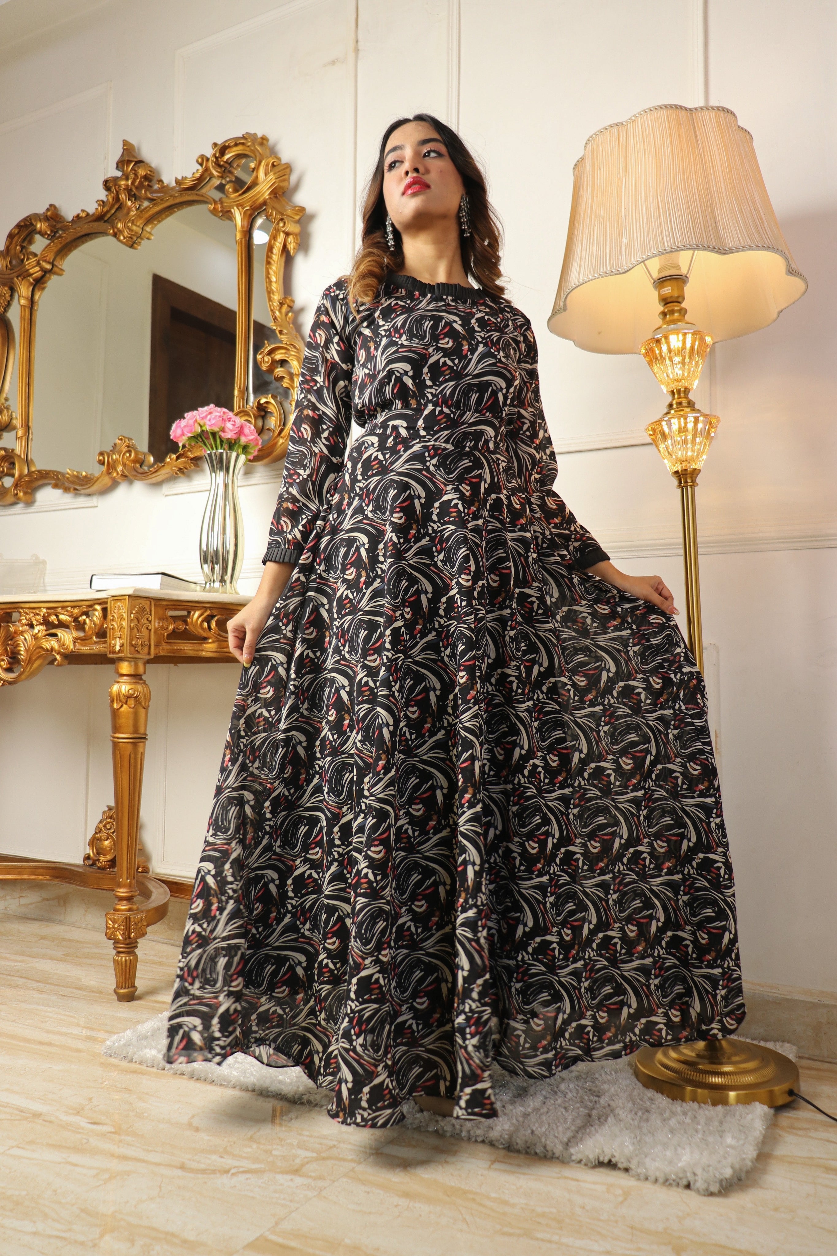 Black Printed Georgette Gown