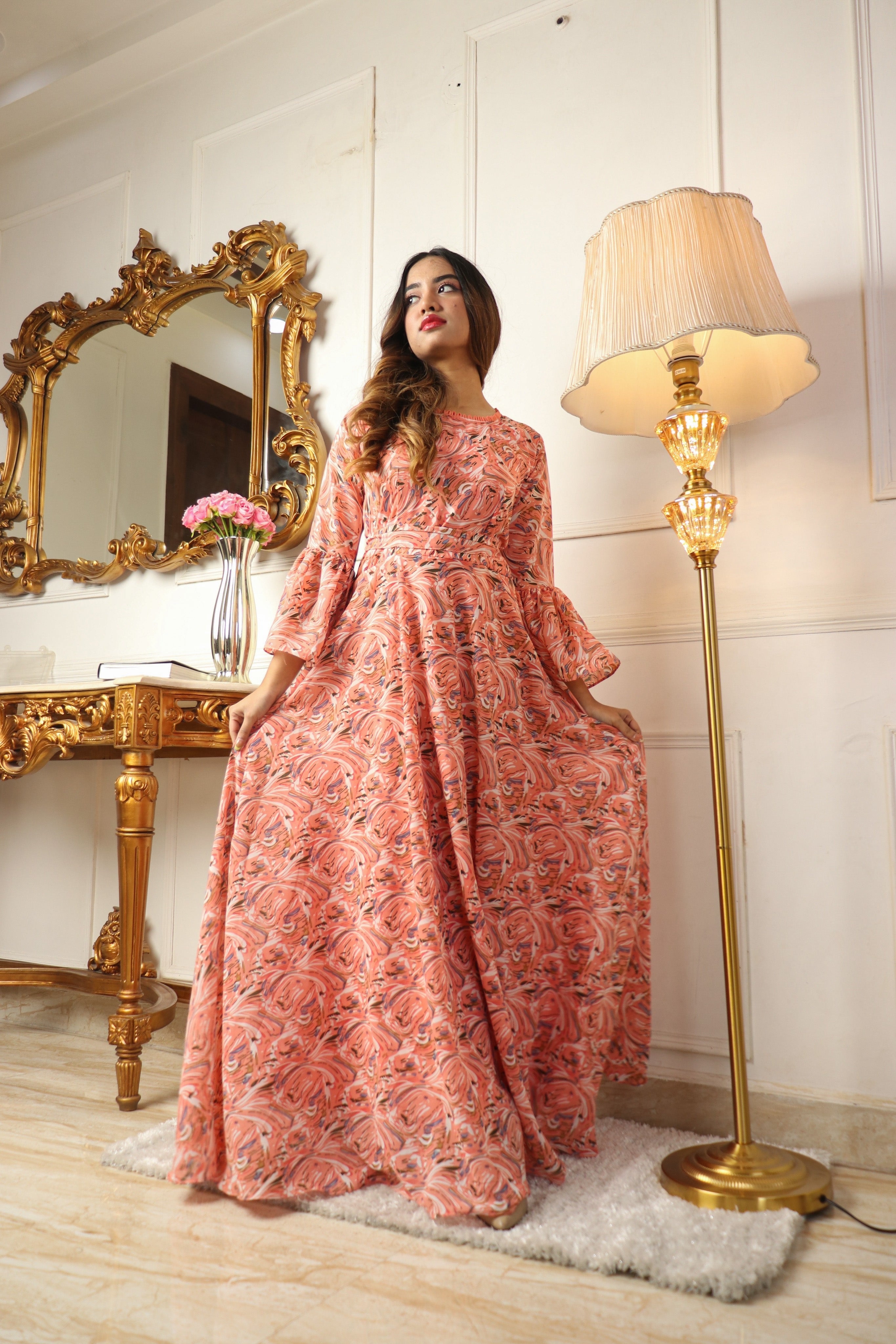 Peach Printed Georgette Gown
