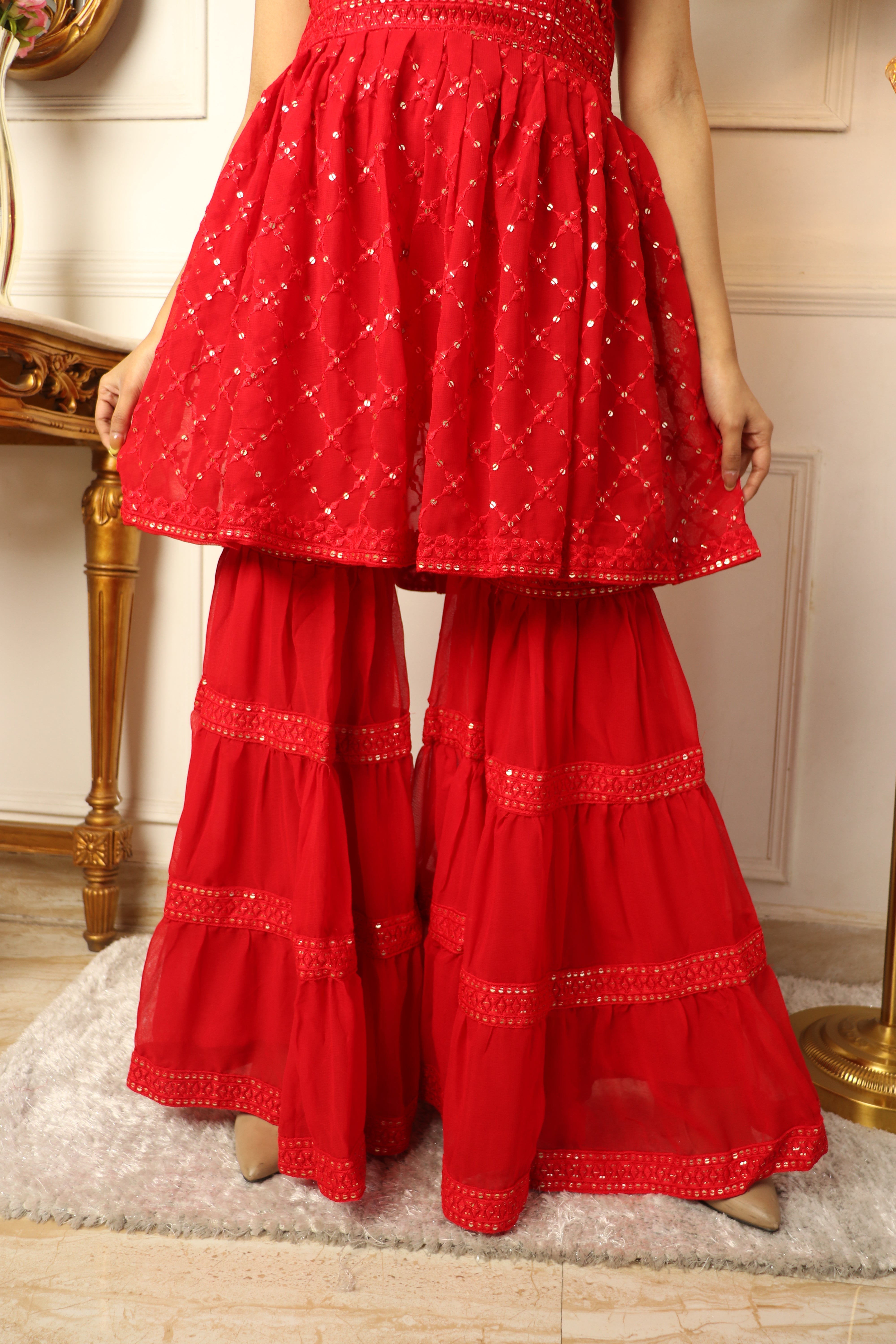 Red Sequins Embroidered Georgette Sharara Suit