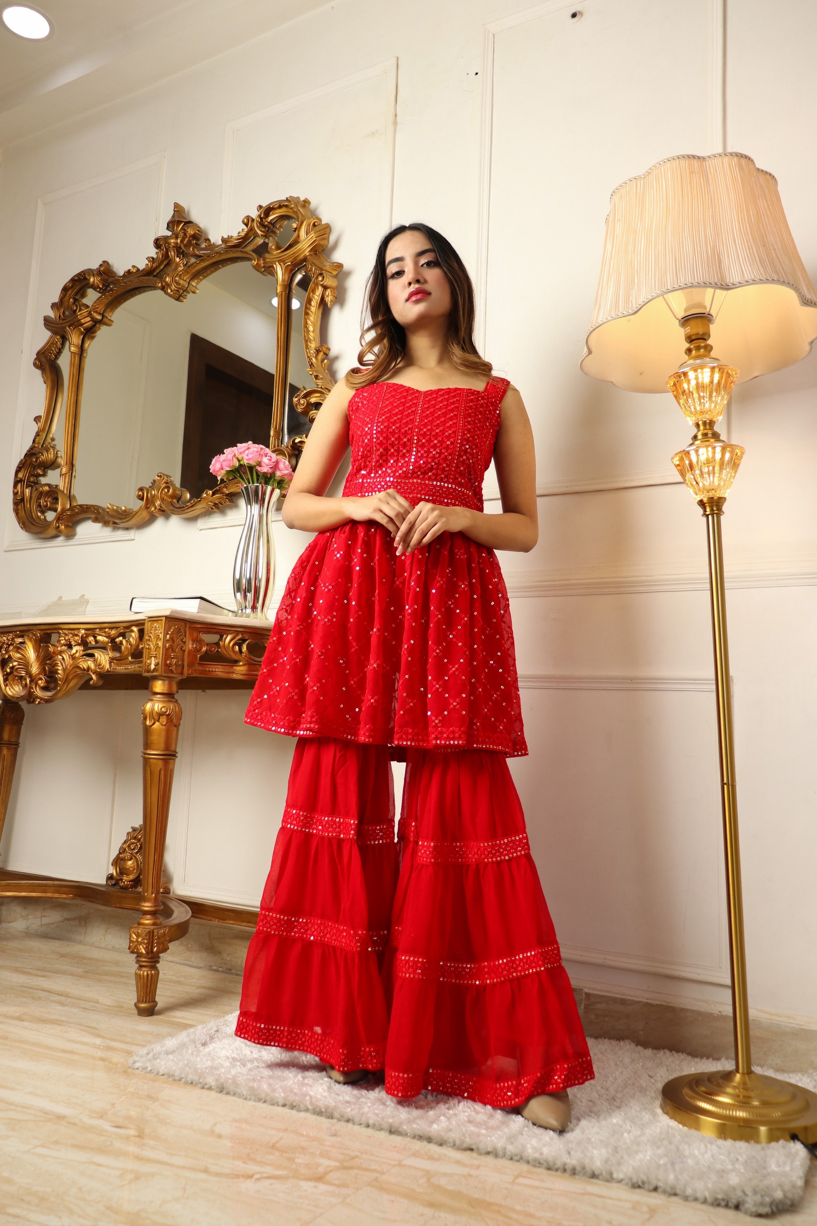 Red Sequins Embroidered Georgette Sharara Suit