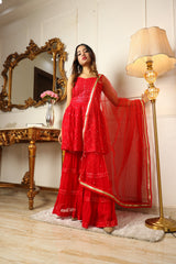 Red Sequins Embroidered Georgette Sharara Suit